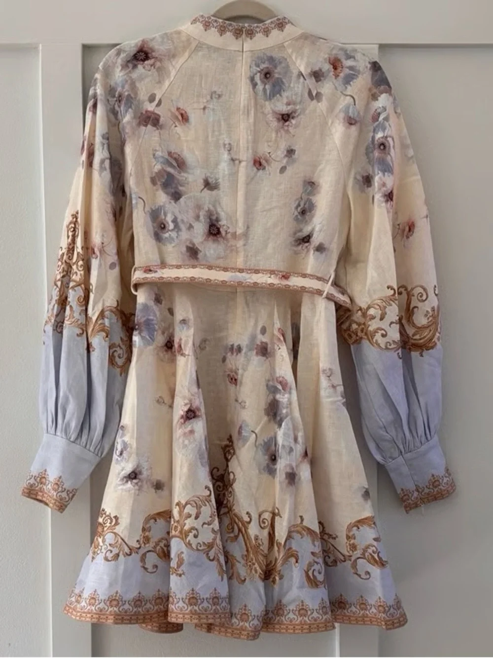 Zimmermann Cream and Light Blue Floral Scroll Tie-Waist Mini Dress